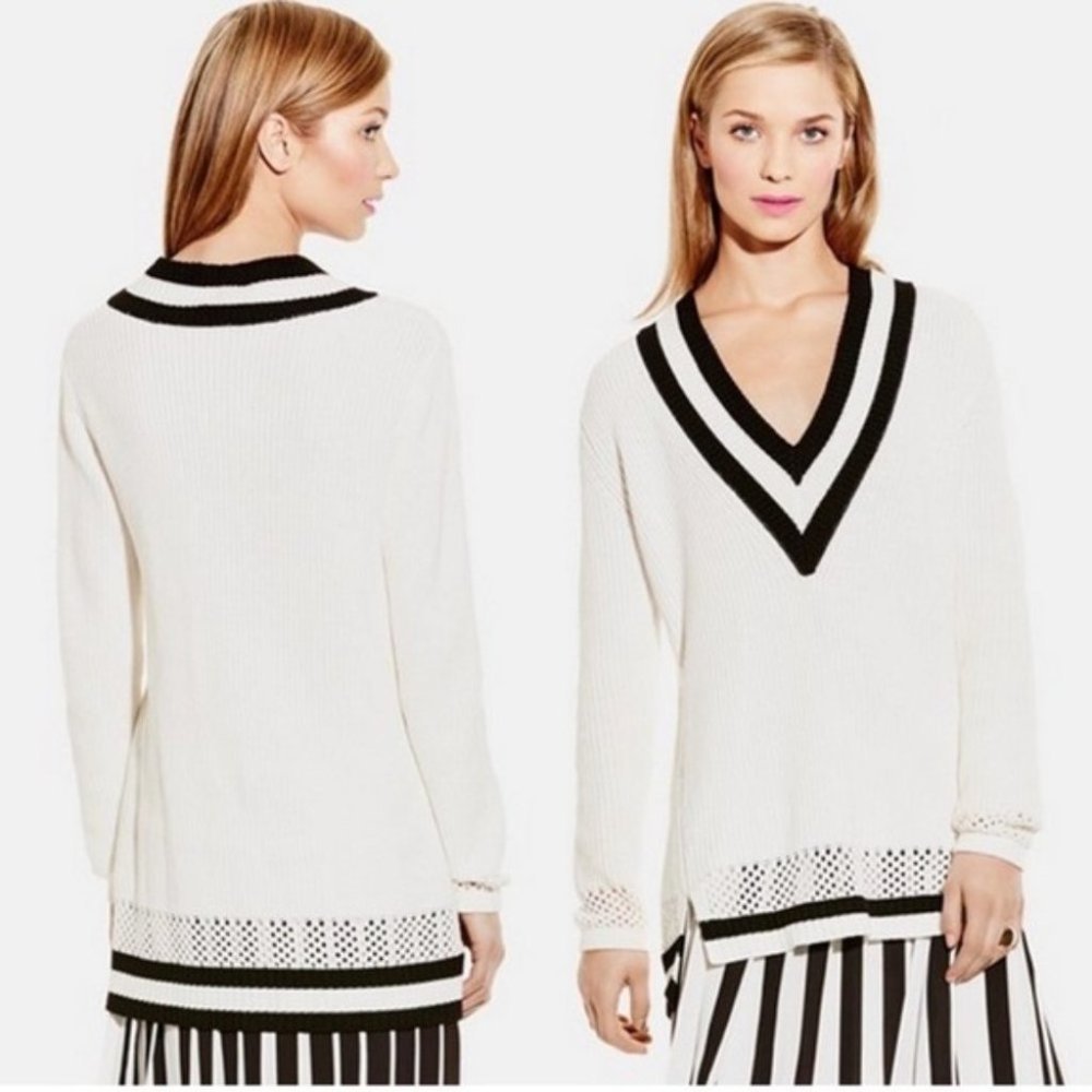 Vince Camuto White V-Neck Sweater with Black Trim